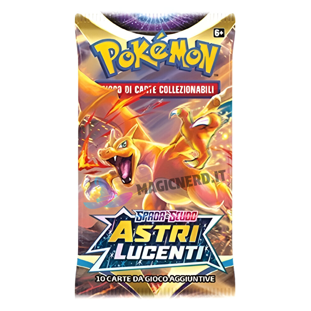 Esplora il brillante universo di Pokémon Spada e Scudo: Astri Lucenti con questa busta contenente 10 carte (IT)! Aggiungi un tocco di luce alla tua collezione con le carte di Spada e Scudo: Astri Lucenti!