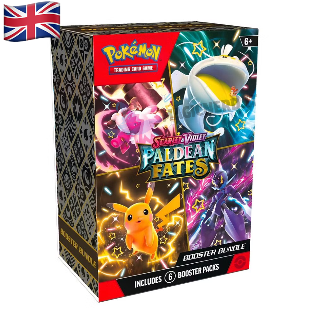 Bundle 6 bustine del set speciale destino di paldea, con sopra raffigurato diversi artwork tra cui pikachu