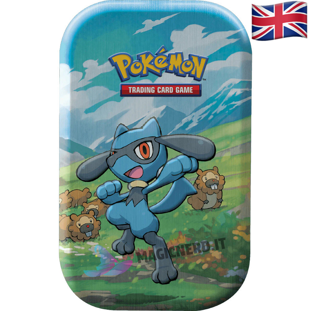 Pokemon Mini Tin Sinnoh Stars con raffigurato su l'artwork di Riolu e Bidoof