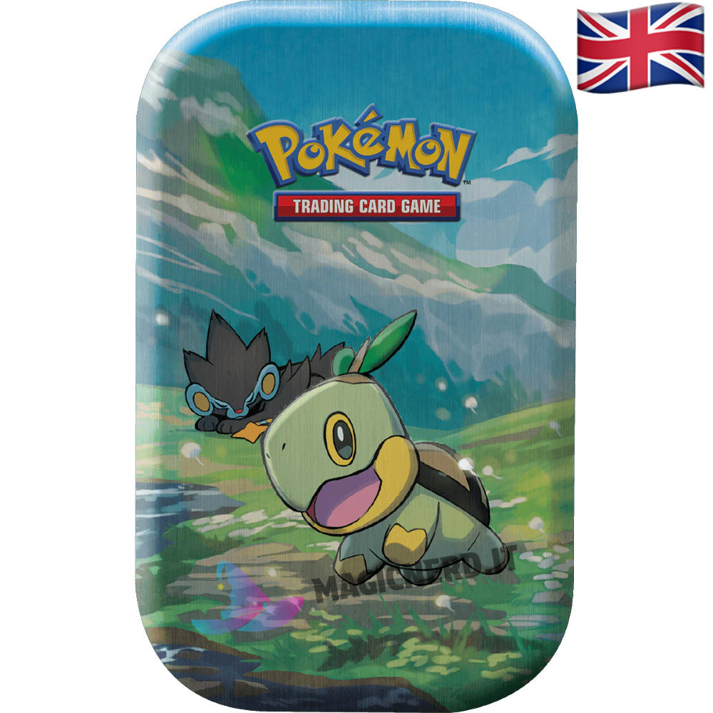 Pokemon Mini Tin Sinnoh Stars con raffigurato su l'artwork di Turtwig e Luxray