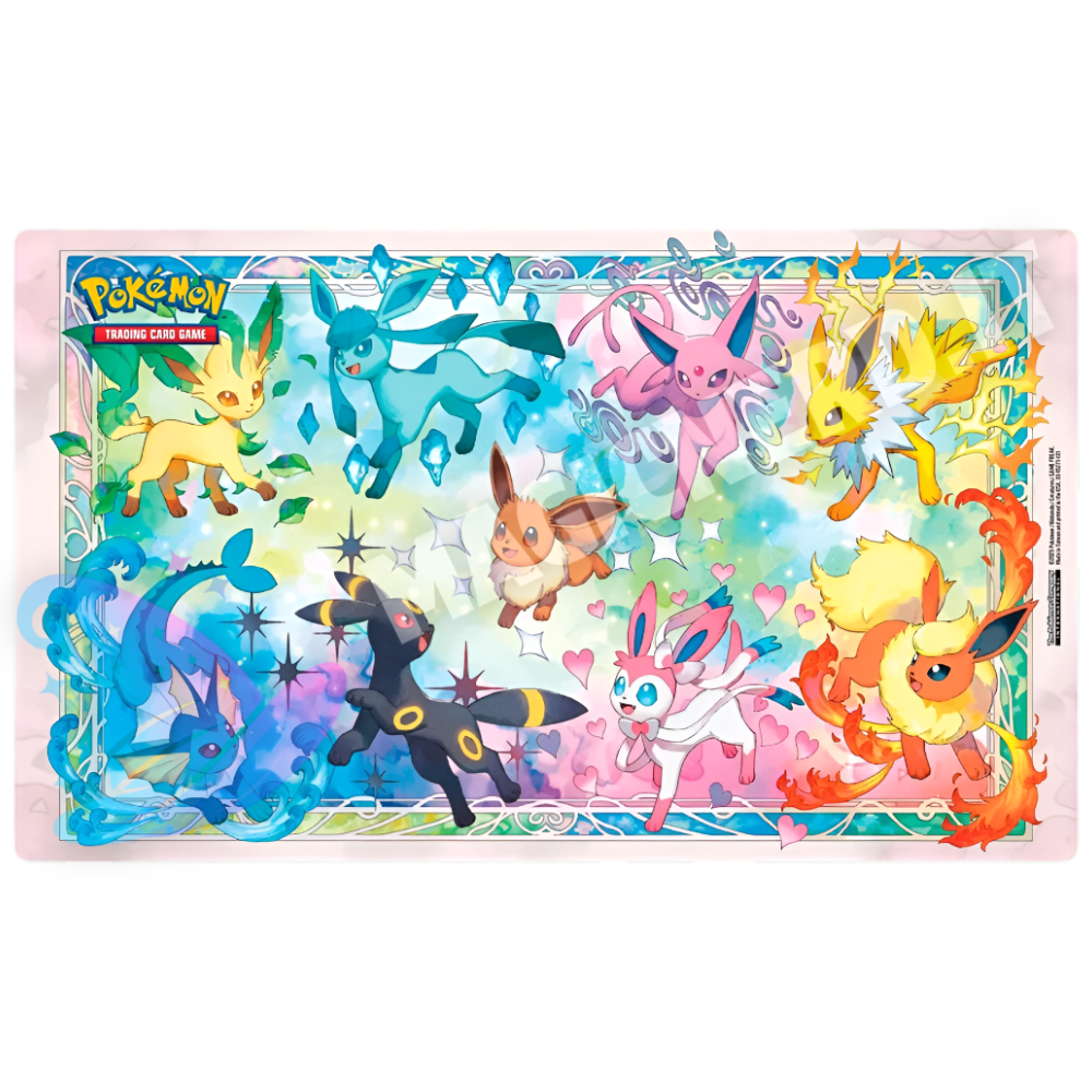 Playmat Pokémon Evoluzioni Prismatiche con Eevee e tutte le sue evoluzioni, tappetino ufficiale della Collezione Super Premium.