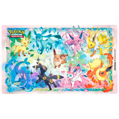 Playmat Pokémon Evoluzioni Prismatiche con Eevee e tutte le sue evoluzioni, tappetino ufficiale della Collezione Super Premium.