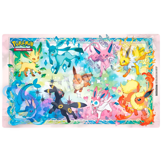 Playmat Pokémon Evoluzioni Prismatiche con Eevee e tutte le sue evoluzioni, tappetino ufficiale della Collezione Super Premium.